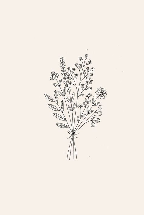 Simple Drawings Aesthetic Flower, Flower Bunches Tattoo, Simple Flower Wall Art, Hand Drawn Flower Bouquet, Drawn Flower Tattoos, Hand Drawn Prints, Hand Drawn Flowers Simple, Line Art Flowers Botanical Illustration, Flower Wall Painting Simple