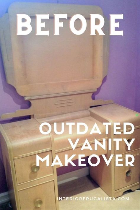 Redoing Vanity Makeup, Vanity Table Makeover, Old Vanity Ideas Repurposed, Waterfall Vanity Makeover Vintage, Art Deco Vanity Bathroom, Antique Vanity Makeover Diy, Art Deco Vanity Makeover, Turn Desk Into Makeup Vanity, Painted Vanity Makeup