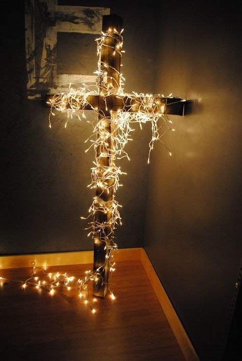 Christ centered Christmas decoration. Love this. Christ Centered Christmas Decorations, Church Christmas Decorations, Cross Christmas Tree, Diy Christmas Lights, Christ Centered Christmas, Christmas Church, Decorating With Christmas Lights, Church Decor, Jesus Is