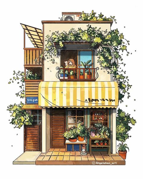 The Most Charming Facades Created Digitally By Artist Angela Hao Japan Illustration, Building Drawing, Watercolor Architecture, Building Illustration, Casas The Sims 4, Sims House Design, Architecture Drawing Art, House Illustration, Building Art