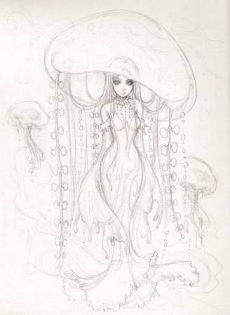 Jellyfish Dress Drawing, Underwater Sketch, Jellyfish Mermaid, Jellyfish Dress, Jellyfish Drawing, Mermaid Drawings, Mermaid Art, Hand Art, Book Art Drawings