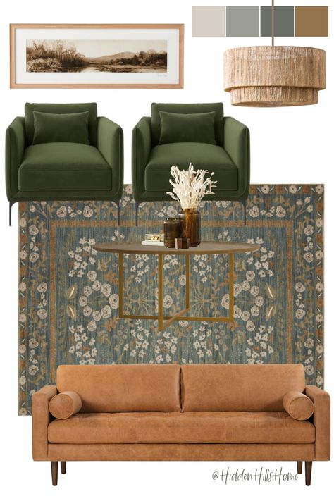 Living room decor mood board with a leather sofa and green accent chairs! Living room decor ideas Leather Couch And Green Chair, Two Green Accent Chairs In Living Room, Cottage Living Room Leather Sofa, Accent Chairs For Green Couch, Blues And Green Living Room, Living Room Leather Accent Chairs, Green Sofa With Accent Chairs, Dark Green Accent Chair Living Room, Sage Green And Leather Living Room