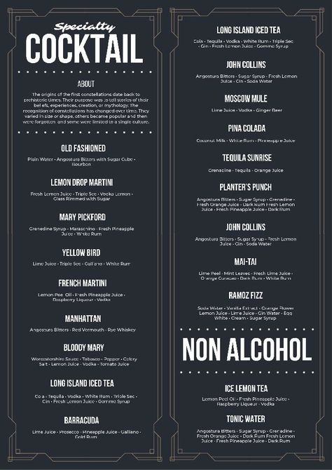 Pub Food Menu Design, Vintage Cocktail Menu Design, Cocktail Menu Design Ideas Bar, Cocktail Menu Design Templates, Pub Menu Design, Continental Menu, Bar Website Design, Cocktail Menu Design, Jazz Restaurant