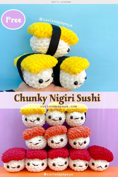 Crochet Chunky Nigiri Sushi Free Pattern Crochet Sushi Free Pattern, Sushi Amigurumi Free Pattern, Crochet Spam Musubi, Amigurumi Free Pattern Food, Sushi Crochet Pattern Free, Crochet Sushi Pattern Free, Chunky Crochet Amigurumi, Chunky Amigurumi Free Pattern, Amigurumi Food Free Pattern