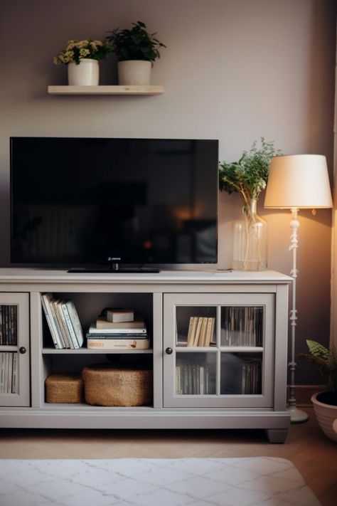 Lamps On Tv Stand, Tv Stand Shelves Decor, Cozy Tv Stand, Entertainment Center Styling, Farmhouse Tv Stand Decor, Above Tv Decor, Tv Console Decorating, Tv Stand Decor Ideas, Television Stand