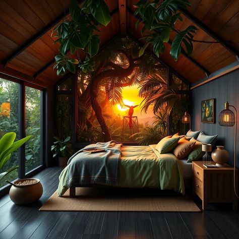 Craft a vibrant bedroom with floor-to-ceiling windows framing sunrise over the rainforest canopy. Watch the jungle come alive each morning. #CanopySunriseView #TropicalBedroom 🌅 Rainforest Bedroom, Sunrise Bedroom, Jungle Living Room, Munich Apartment, Vibrant Bedroom, Window Seat Ideas, Rainforest Canopy, Ideas For Bedrooms, Jungle House