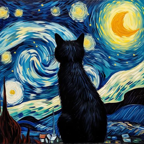 starry night, cat, van gogh, famous, oil painting, monet, masterpiece, post impressionist, vincent willem van gogh, artist, famous painter, stars, post impressionism, blue, vangoholic Van Gogh Inspired Paintings, Cat Van Gogh, Vincent Van Gogh Artwork, Painting Monet, Post Impressionism Art, Famous Art Paintings, Montage Art, Vincent Willem Van Gogh, Van Gogh Inspired