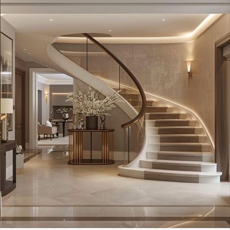 Beautiful luxurious interiors #interiors Curvy Stairs Design, Curved Stairs Decor, Stairs In Lounge, Tangga Aesthetic, Modern Stairs Design Ideas, Aesthetic Staircase, Staircase Aesthetic, Circle Stairs, Staircase In Living Room