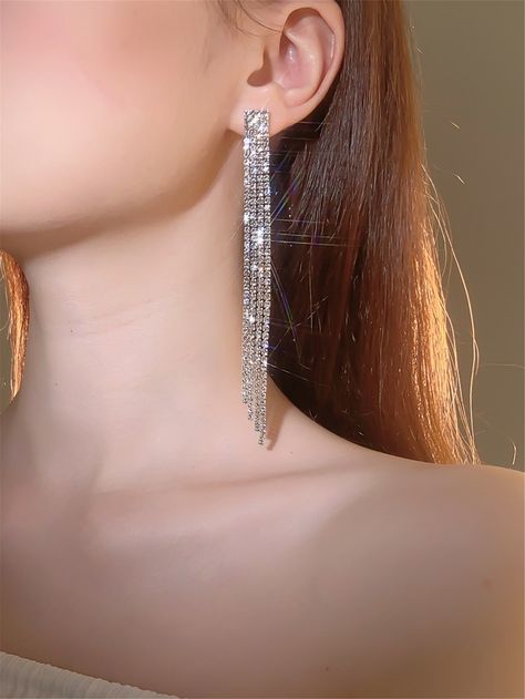 Silver Prom Jewelry, Rhinestone Earrings Studs, Formal Jewelry, Graduation Jewelry, Prom Accessories, Prom Earrings, Long Tassel Earrings, Prom Jewelry, Tassel Drop Earrings