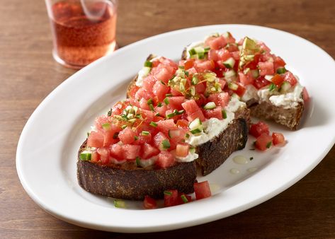 Watermelon Bruschetta - Watermelon Board Watermelon Bruschetta, Pistachio Brittle, Watermelon Festival, Country Bread, Classic Appetizers, Watermelon And Feta, Whipped Feta, Bread Appetizers, Watermelon Recipes