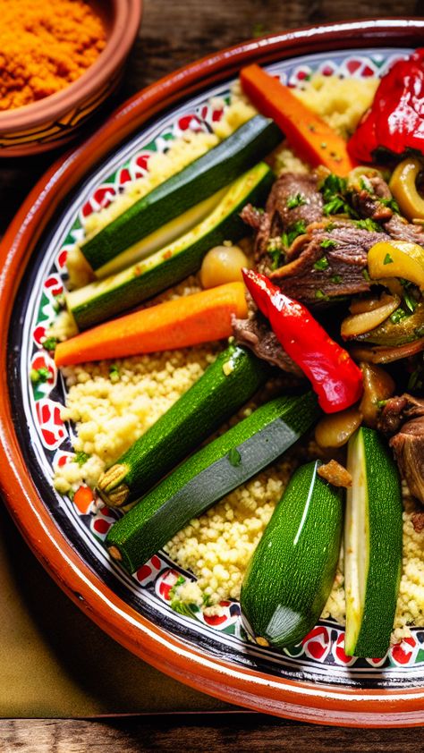 Traditional North African dish with couscous, meat and vegetables. North African Food, Tagine Cooking, Cooking Aesthetic, Vibrant Food, African Cooking, Lamb Dishes, Culinary Travel, World Food, Hearty Stews