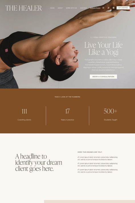 The Healer is a modern & luxury Squarespace 7.1 Website Template for yoga instructors and health & wellness coaches. Featuring a clean and minimalist design with bold hero sections, parallax scrolling, & interactive features, this website is sure to WOW your dreamiest client. With 9 conversion-driven & creative web page layouts, built in copy prompts, & access to a library of video training tutorials & design resources, you'll LOVE every second you spend designing & launching your new website. Website Design Ideas Business, Aesthetic Landing Page Design, Health Coach Website Design Inspiration, Web About Us Design, Yoga Studio Website Design, About Section Web Design, Holistic Website Design, Clean Modern Website Design, Website Hero Design