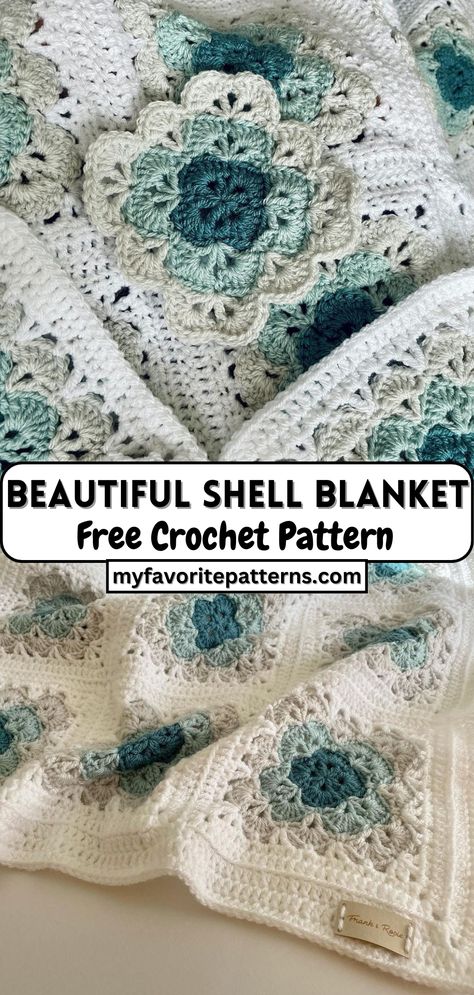 Seashell Granny Square Crochet, Seashell Crochet Blanket, Crochet Shell Granny Square Blanket, Shell Square Crochet Pattern, Crochet Wave Granny Square, Ocean Shell Crochet Blanket, Crochet Shell Square, Shell Crochet Blanket Pattern Free, Granny Square Shell Pattern