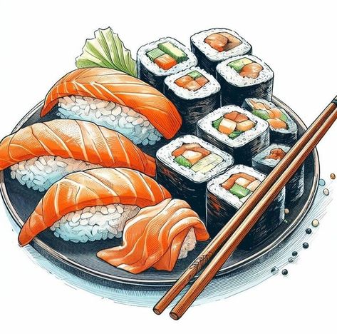 Food Drawing Sushi, Sushi Drawing Illustration, Japan Food Drawing, Sushi Drawings, Bujo Sketches, Cooking Stickers, Sushi Drawing, Food Magnets, Japanese Food Illustration