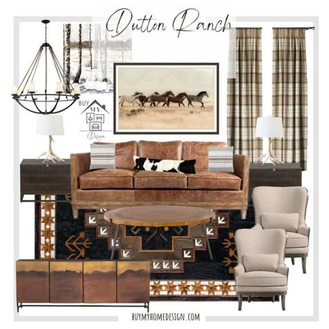 We are all awaiting the return of Yellowstone. This is the Dutton Ranch Living Room, reimagined in what I'm calling "Modern Ranch House". I love the mix of traditional "ranch or western" style with modern updates. Shop the collection Living Room Western Modern, Montana Inspired Living Room, Traditional Western Living Room, Yellowstone Lodge Interior, Transitional Western Living Room, Traditional Ranch Interior Design, Lodge Inspired Living Room, Ranch Design Interior, Dining Room Western