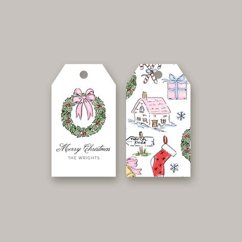 "These personalized and whimsical tags feature an adorable Christmas wreath with a winter wonderland scene. Perfect for families who savor the art of gift wrapping and creating lasting holiday memories! AVAILABLE BOW COLORS: Pink, Blue, Red (Select one at checkout) SIZE: 2 x 3.5 inches PAPER QUALITY: Personalized gift tags are printed on #110 smooth ultra-white paper in full color, on both sides.  GOOD TO KNOW: Gift tags have a 3/16\" drilled hole at the top and come with a string to hang them. The hang string is a white cotton twine (which may be different than the hang string pictured in listing photos). PERSONALIZATION Gift tags can be personalized to suit your needs. Please enter your personalization details at checkout. *Please note that I do not typically send a design proof of your Pink Christmas Tags, Christmas Tags Cricut, Holiday Name Tags, Diy Christmas Gift Tags, Custom Christmas Gift Tags, Cute Gift Tags, Christmas Stationary, Gift Tags Personalized, Present Tags