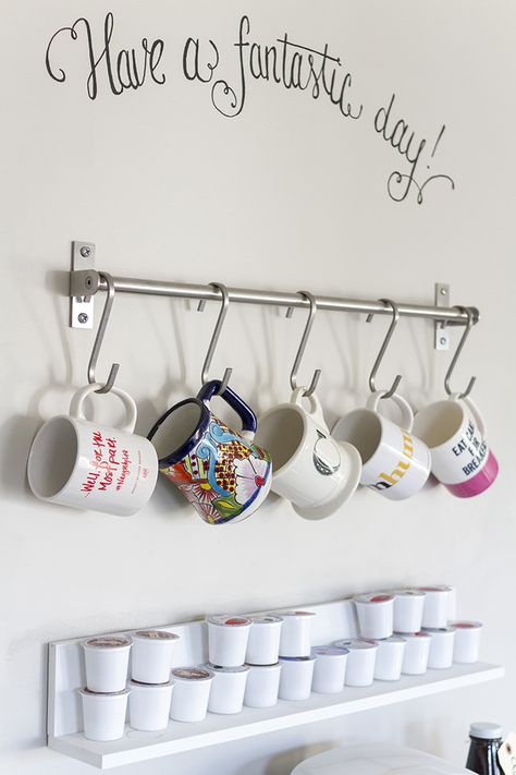 The bad news? It’s Monday. The bad news? I threw my back out some point between… Diy Mug Rack, Small Country Kitchen, Coffee Bar Diy, Coffee Bar Styling, Toy Room Storage, Small Coffee Bar Ideas, Desk Makeover Diy, Small Coffee Bar, Coffee/wine Bar