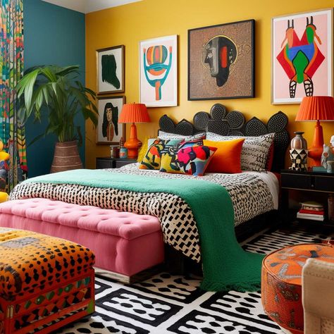 12+ Innovative Bedroom Pop Design Ideas to Try • 333+ Images • [ArtFacade] Colourful Bedrooms Ideas, Pop Art Bedroom Decor, Colorful Bedroom With Black Furniture, Good Vibes Bedroom Ideas, Black And Colorful Bedroom, Eccletic Room Ideas, Bright Guest Room, Modern Colorful Bedroom Design, Ecletic Decoration Bedroom