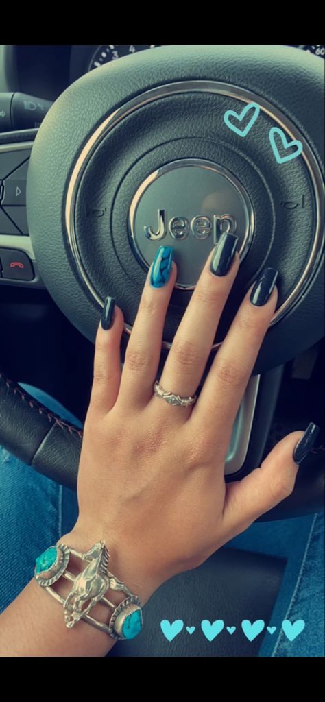 Black Western Nail Designs, Dark Blue Western Nails, Dark Western Nails, Black And Turquoise Nails Western, Western Black Nails, Black Turquoise Nails, Blue Western Nails, Black Western Nails, Turquoise And Black Nails