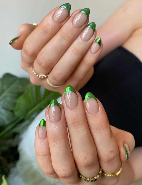 Almond Tips, Ombre Chrome Nails, Cherry Nail Art, French Almond, White Chrome Nails, Fruit Nail Art, Chrome Nail Art, Green French, Chrome Nails Designs