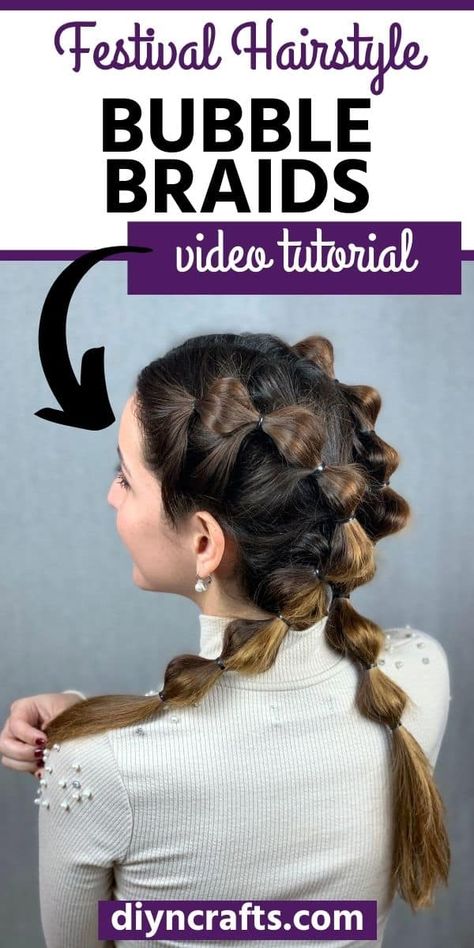 Bubble Braid Hairstyles For Medium Length Hair, Popcorn Braids Hair, Pigtail Bubble Braids Tutorial, Bubble Braids Tutorial Videos, Full Head Bubble Braids, Festival Bubble Hair, Girls Festival Hair, Cheer Bubble Braids, How To Do Bubble Braids Step By Step Video