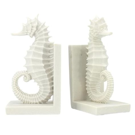 Galt Intl Poly Marble Seahorse Book End White 8.3" w/Anti-Slip Pads - Bookshelf Shelves Sea Horse Coastal Beach Statue for Home Decor Stone-Like Matte Finish Seahorse Design, Beach Room Decor, Ocean Room, Decorative Bookends, Beach Room, Beachy Decor, Book Ends, Coastal Living Room, Ceramic Ideas