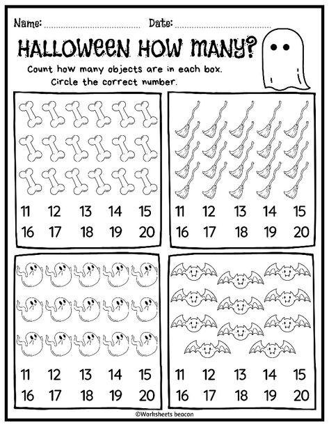 11-20 Number Worksheets, Counting To 20, Holiday Math, Halloween Worksheets, Counting Worksheets, Teen Numbers, Conversation Topics, Halloween Math, English Worksheets For Kids