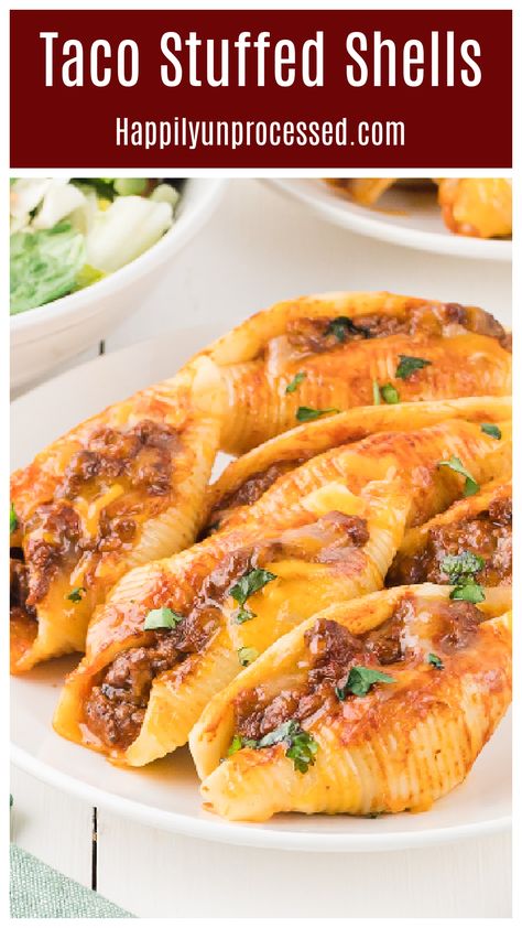 Taco inspired stuffed shells with savory beef, Enchilada sauce and cheese Cheesy Stuffed Taco Shells, Dairy Free Enchiladas, Mexican Stuffed Shells, Shell Pasta Recipes, Simple Dinners, Recipe Hacks, Spicy Tacos, Course Ideas, Taco Shells