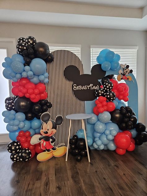 Mickey Mouse Birthday Party Ideas 1st For Boys Decor, Mickey Mouse Birthday Balloon Arch, Mickey Mouse Birthday Decor, Blue Mickey Mouse Party 1st Birthdays, Mickey Mouse Birthday Party Ideas 1st For Boys, Disney Balloon Arch, Mickey Mouse Backdrop Ideas, Mickey Balloon Arch, Mickey Mouse Balloon Decor