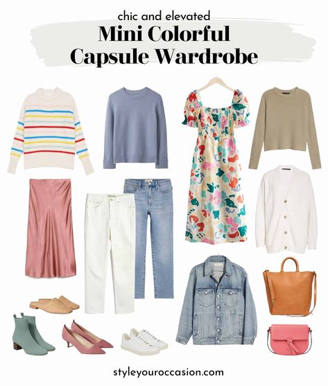 Artsy Capsule Wardrobe, Colorful Capsule Wardrobe, Capsule Wardrobe Checklist, Character Vibes, Neutral T Shirts, Colorful Wardrobe, Spring Capsule Wardrobe, Rainbow Sweater, Summer Capsule Wardrobe