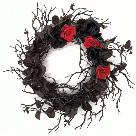 Black Halloween Wreath, Red Rose Wreath, Halloween Door Wreaths, Black Wreath, Autumn Wreaths For Front Door, Swag Wreath, Twig Wreath, Artificial Wreath, Rose Wreath