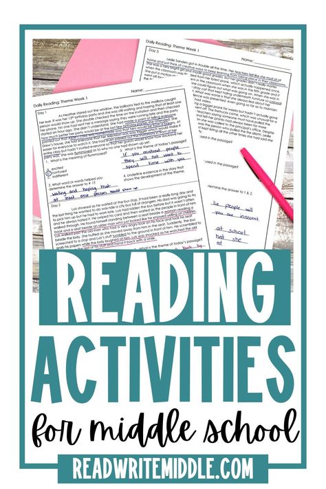 Looking for ways to spice up your reading comprehension activities with your middle school students? Check out these fun and engaging reading comprehension activities and worksheets for your sixth grade, seventh grade, and eighth grade students. Your 5th grade, 6th grade, and 7th grade students will benefit from the context clues, theme, making inferences, and main idea practice in these ELA worksheets. These activities and Language Arts lessons are just right for students in grades 5, 6, & 7. Main Idea Middle School, Reading Activities For Middle School, Middle School Reading Activities, 7th Grade Reading, Middle School Reading Comprehension, 8th Grade Reading, Teaching Reading Strategies, Fun Reading Activities, Reading Test Prep