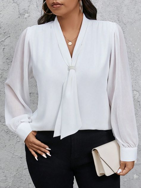 Plus Size Women's Elegant Pearl Collar Decor Work Commute Daily Chiffon Textured Slim Fit White Blouse, Spring Autumn White Elegant  Long Sleeve Woven Fabric Plain Top Non-Stretch  Women Plus Clothing, size features are:Bust: ,Length: ,Sleeve Length: Fitted White Blouse, Moda China, White Chiffon Tops, Work Commute, Corporate Dress, Pearl Collar, Plain Tops, Chiffon Blouse, China Fashion