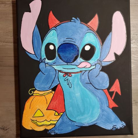 8 X 10 Acrylic On Canvas. Please Message Me With Any Questions About Custom Orders. Stitch Halloween Painting, Spooky Fall Paintings On Canvas Easy, Cute Spooky Painting Ideas, Halloween Couple Paintings, Stitch Pumpkin Painting Ideas, Halloween Character Paintings, Disney Halloween Paintings On Canvas, Nightmare Before Christmas Chalk Art, Stitch Disney Painting