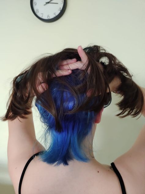 Cabelo castanho pintado de azul em baixo Blue Hair Dye Underneath, Under Blue Hair, Blue Underdye Hair, Under Dye, Undercolor Hair, Under Hair Dye, Underdye Hair, Hair Dyed Underneath, Bleached Tips