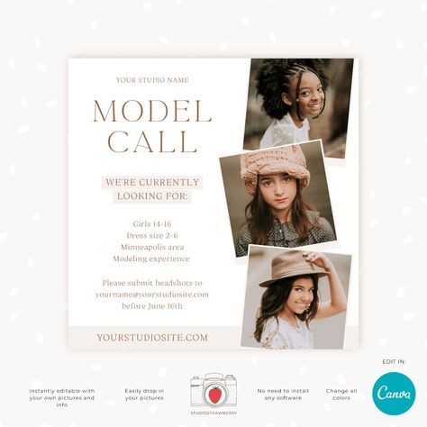 Download Use our editable Model Call template to find new models for your photography studio. This customizable template that is editable in Canva helps you announce your model casting in a stylish and professional way. Having new models means you can take fresh, beautiful pictures that will make your marketing materials look amazing and help Model Call Template, Call Template, Photography Marketing Templates, Model Casting, Model Call, Photography Marketing, Promote Your Business, Photography Studio, Marketing Materials