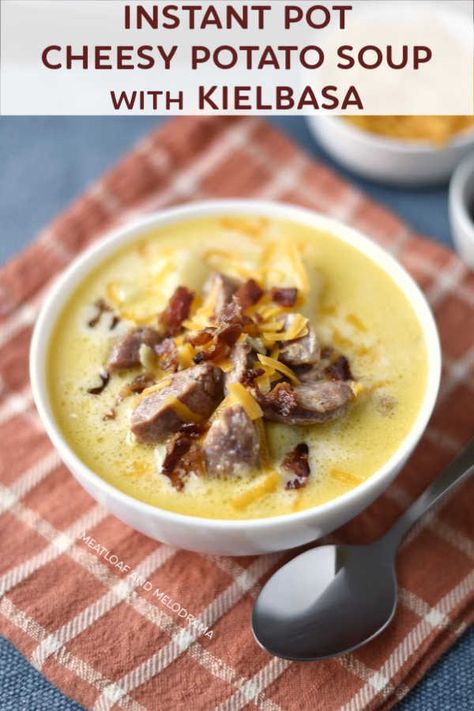 Instant Pot Cheesy Potato Soup with Kielbasa is an easy Instant Pot pressure cooker soup recipe that's loaded with smoked sausage, potatoes and cheddar cheese and topped with bacon for extra flavor. Ready in 30 minutes! #instantpot #soup Potato Kielbasa Soup Instant Pot, Instapot Sausage Potato Soup, Instant Pot Potato Sausage Soup, Kielbasa Soup Instant Pot, Sausage Potato Soup Instant Pot, Potato Soup With Kielbasa, Soup With Kielbasa, Smoked Sausage Potatoes, Pressure Cooker Soup