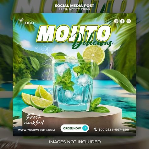 Mojito Poster, Bar Promotion, Mojito Drink, Mojito Cocktail, Cocktail Poster, Mojito Recipe, Cocktail Night, Psd Designs, Drink Specials