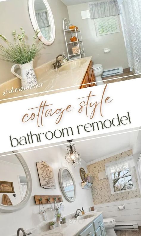 Check out the before and after of this cottage-style bathroom remodel and see what the vanity looks like now! Tap on this pin to get this DIY tutorial and more with Ahna Fulmer // ahnafulmer.com #bathroom #frenchcountrycottage #bethroomreveal Small Bathroom Ideas Cottage, Cottage Style Bathroom Ideas, Colorful Cottage Bathroom, English Cottage Style Bathroom, Cottage Small Bathroom Ideas, Cottage Vibe Bathroom, Cottage Core Bathroom Remodel, Small Cottage Bathroom Ideas, Cottage Washroom