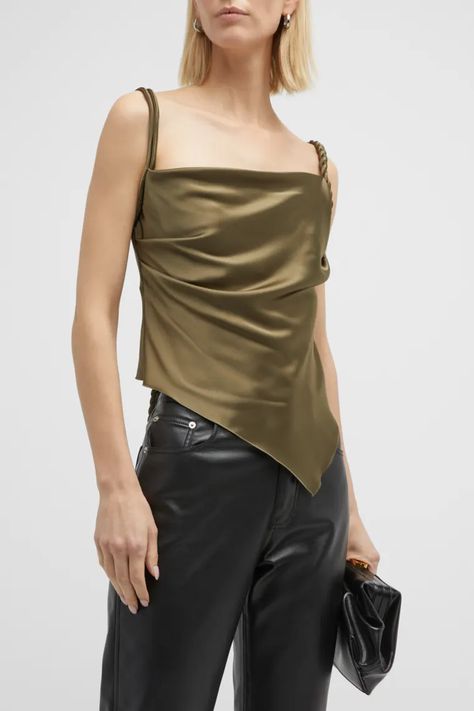 T3LZV Nanushka Stina Satin Draped Crop Top with Self-Tie Back Satin Blouse Outfit, Adjustable Knot, Pink Bodycon Dresses, Scoop Neck Tank Top, Night Out Outfit, Handkerchief Hem, Braided Strap, Dark Khaki, Satin Top