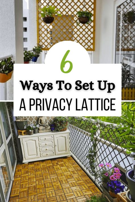 Using a lattice for privacy is just one of the product’s many functions. While you’ll get the best results if you grow plants up, this isn’t always necessary, unlike with a trellis. Surprisingly, there are plenty of ways to use a privacy lattice on a balcony. To help get you inspired, we’ll cover a bunch of different ways to set up a lattice for privacy. Lattice Panels Privacy Screens, Hanging Lattice Panels, Lattice Panel Ideas, Trellis Ideas For Privacy Balcony, Decorating Lattice Ideas, Hanging Privacy Panels, First Floor Apartment Patio Privacy, Patio Lattice Privacy Ideas, Balcony Trellis Ideas