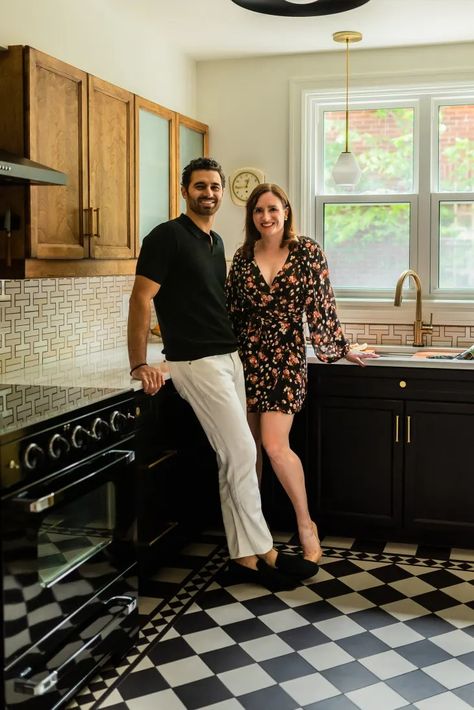 See Inside a Colorful 1940s House Renovation in Ottawa | Apartment Therapy 1940 House Renovation, 1940s House, Gold Tiles Kitchen, Black Lower Cabinets, Mid Century Modern Makeover, Brown Laminate, Kitchen Cost, 1940s Home, Gold Tile