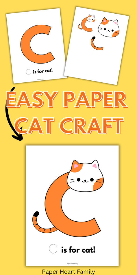 This free printable paper craft craft is adorable and perfect for toddlers and preschoolers learning about letter C! Simply cut and paste with this C is for Cat craft! Kids will love it and you will love how easy it is. C For Cat Craft, C Is For Cat Craft, Letter C Activities For Preschool Crafts, C Crafts For Preschool, Letter C Crafts For Toddlers, Letter C Activities For Preschool, Letter C Craft, Paper Cat Craft, C For Cat