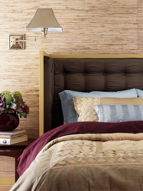 Great Wrap-Around Headboard... Grasscloth Wallpaper Bedroom, Upcycle Headboard, Wallpaper Headboard, Faux Stone Walls, Headboard Ideas, Headboard Decor, Brown Bedroom, Diy Headboard, Headboard Designs