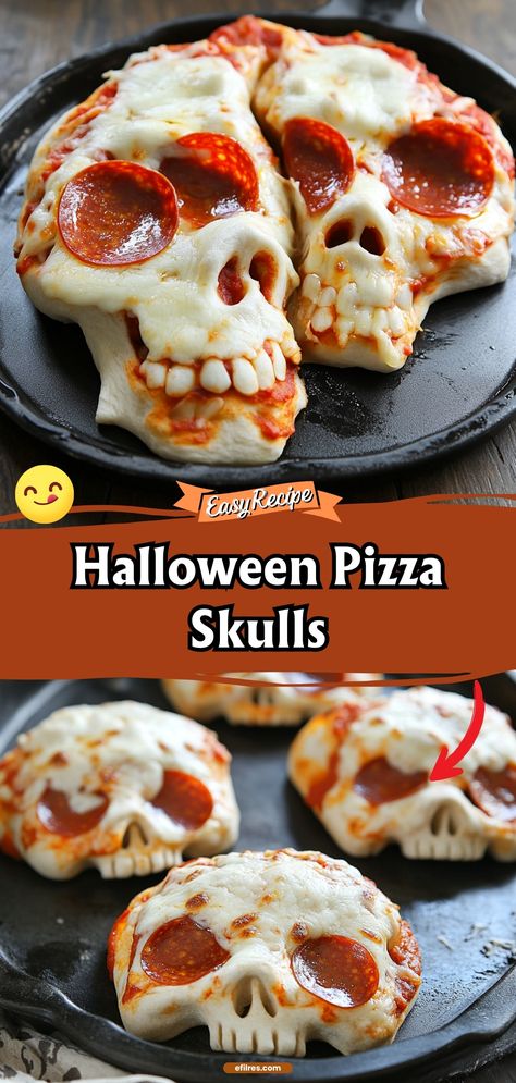 These Halloween pizza skulls are not just spooky but delicious too, filled with gooey cheese and your favorite toppings, enclosed in a crispy crust. #HalloweenPizza #SpookySnacks #PartyFood Halloween Appetizers Pizza, Halloween Quick Dinner, Halloween Pulled Pork Ideas, Halloween Skull Pizza, Halloween Skull Pizzas, Halloween Fruit Pizza Sugar Cookie, Skeleton Pizza Skulls, Quick Halloween Dinner Ideas, Mini Halloween Pizzas