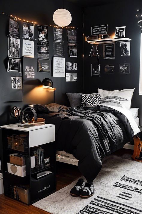 BLACK BEDROOM DESIGN FOR DORM ROOMS AND APARTMENTS Bedroom Designs For Women, Modern Black Bedroom, Guys Room Aesthetic, Dorm Room Ideas, Black Bedroom, Bedroom Designs, Room Aesthetic, College Dorm, Dorm Room