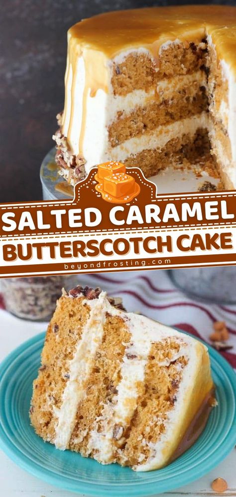 Salted Caramel Butterscotch Cake with Brown Butter Frosting, fall, thanksgiving desserts, sweet treats Fall Desserts With Caramel, Fall Inspired Cake Flavors, Old Fashioned Butterscotch Cake, Salted Caramel Butterscotch Cake, Amazing Fall Desserts, Homemade Fall Cake Recipes, Butterscotch Caramel Cake, Best Butterscotch Desserts, Butterscotch Recipes Desserts