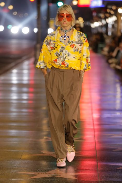 Gucci Spring 2022 Ready-to-Wear Fashion Show | Vogue Love Parade, Calico Dress, Gucci Spring, Chinese Theatre, Hollywood Boulevard, Male Fashion Trends, Alessandro Michele, Knit Leggings, Vogue Runway