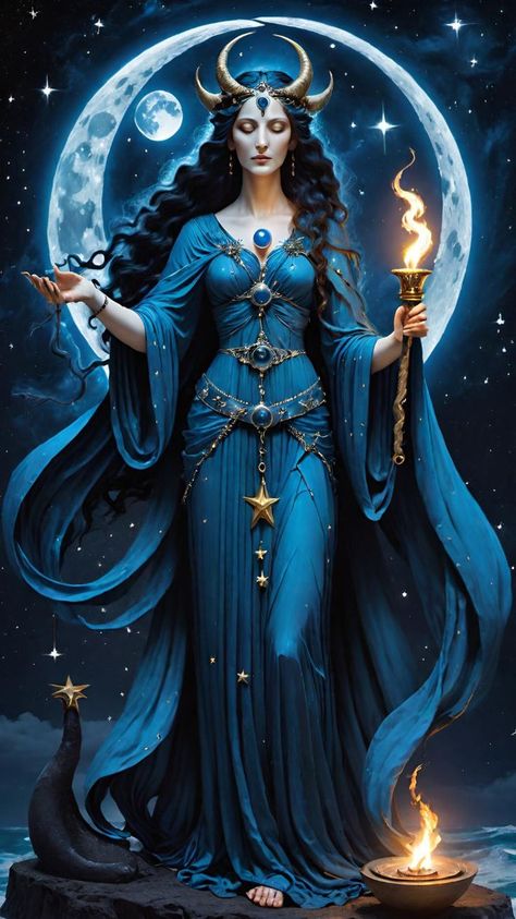 Priestess Of Hecate, Hekate Wallpaper, Meditation Signs, Beautiful Witch Art, Female Celestial, Lady Hecate, Hecate Tattoo, Goddess Hekate, Blue Goddess