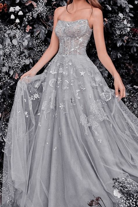 Fae Dress Gowns, Matric Dance Dresses Ideas Unique, Emma Vanity, Fae Dress, Prom Dress Inspo, Embroidery Tulle, Grey Prom Dress, Fabric Embroidery, Prom Dress Inspiration